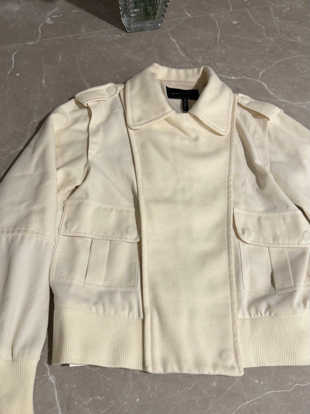 BCBGMaxAzria Cream Wool Military-Style Bomber Jacket